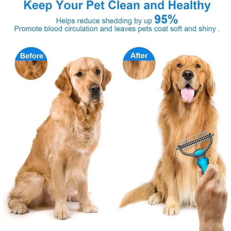 2-in-1 Dog & Cat Deshedding Brush – Undercoat Rake & Detangler