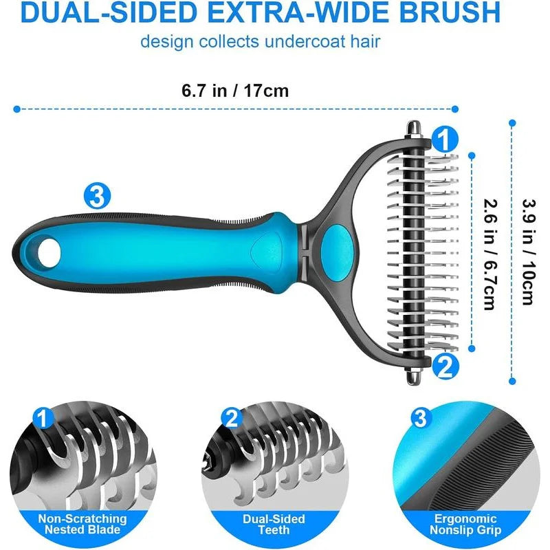 2-in-1 Dog & Cat Deshedding Brush – Undercoat Rake & Detangler