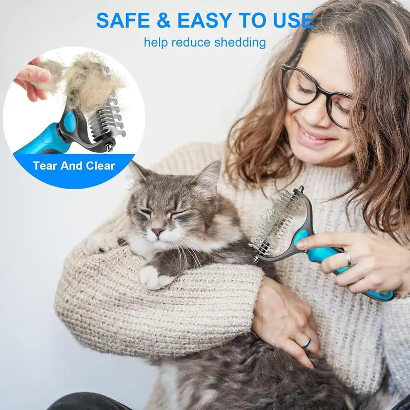 2-in-1 Dog & Cat Deshedding Brush – Undercoat Rake & Detangler